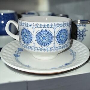 Pontesa Ironstone Chinamoda Cup and Saucer  Blue White‎ Geometric Made in Spain